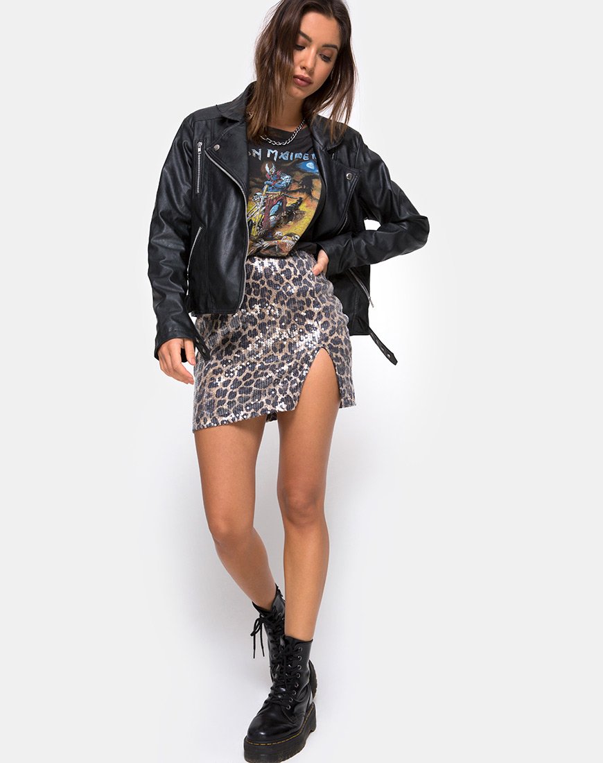 Image of Cheri Split Mini Skirt in Leopard Clear Sequin