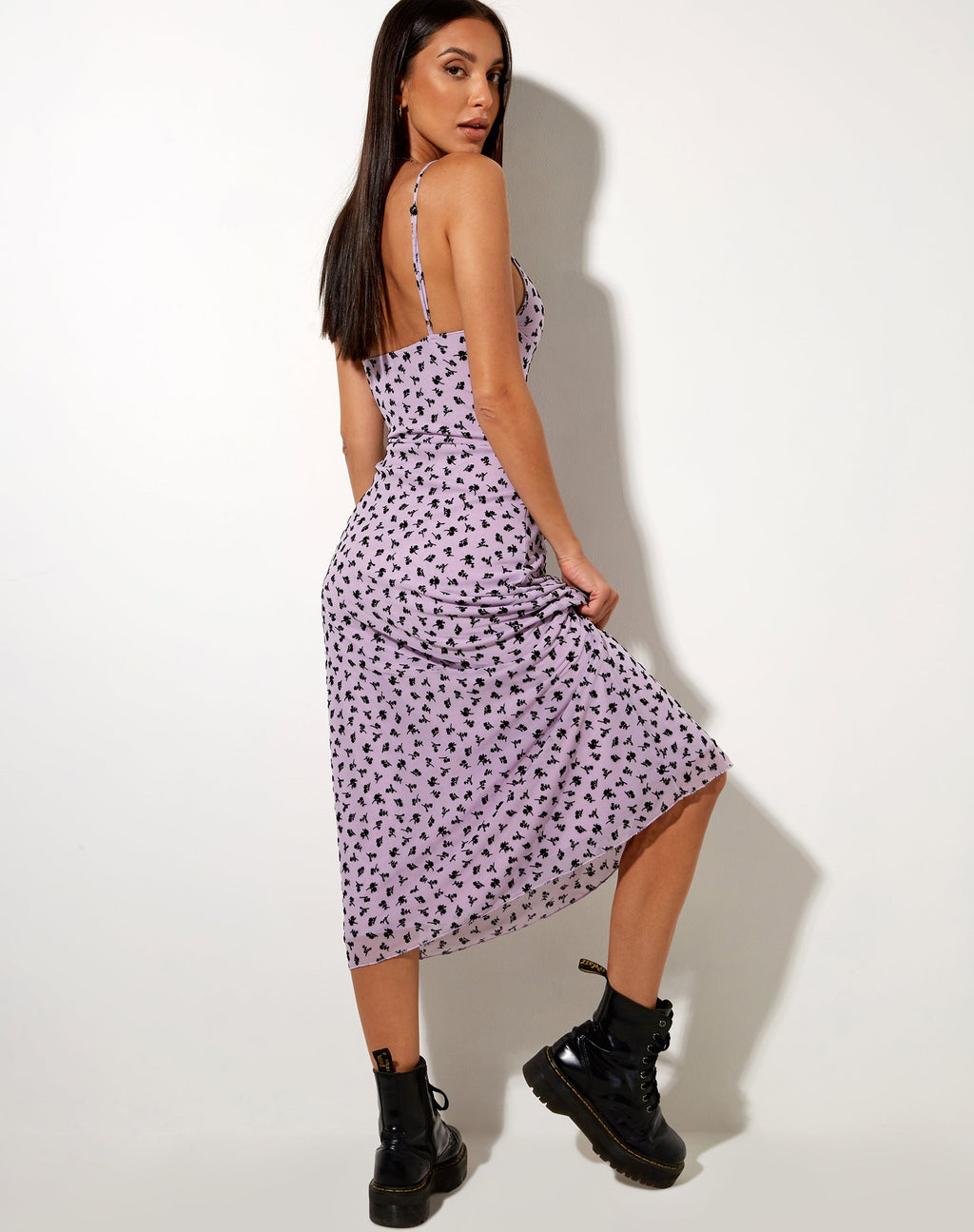 Cotina Midi Dress in Lilac Flower Buds Black Flock