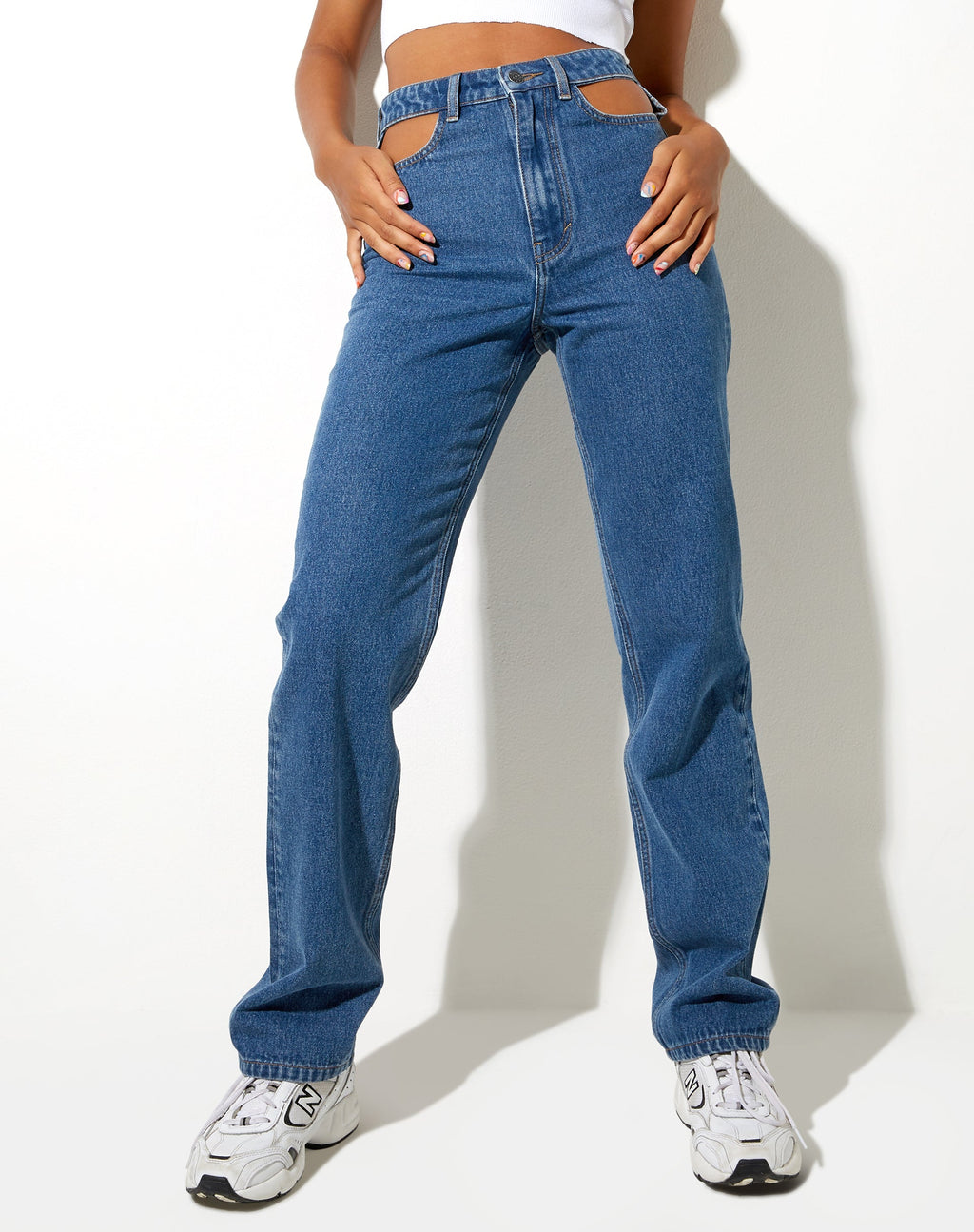 Cut Out Straight Leg Jean in Mid Wash