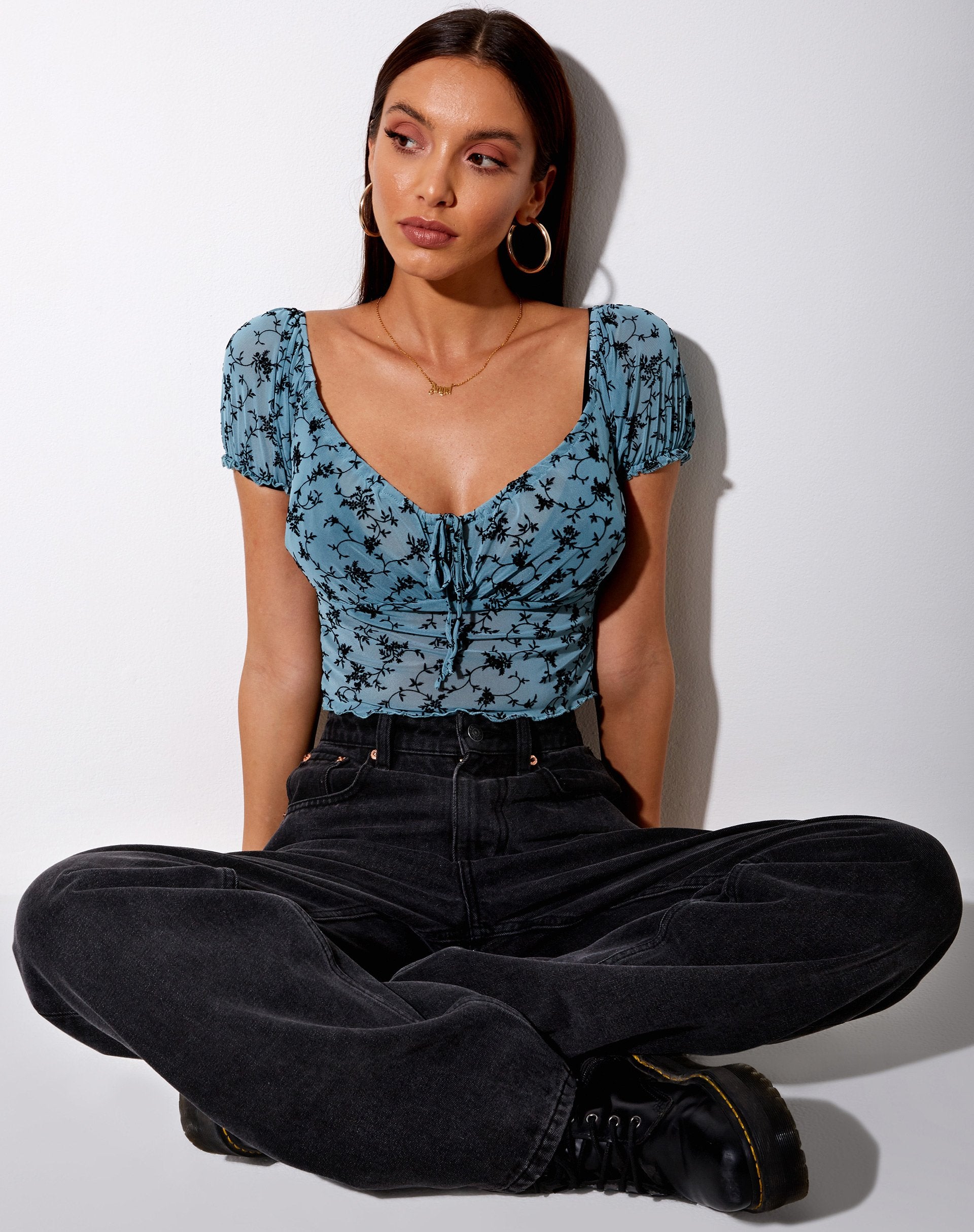 Image of Deyha Crop Top in Love Bloom Grey and Blue Flock