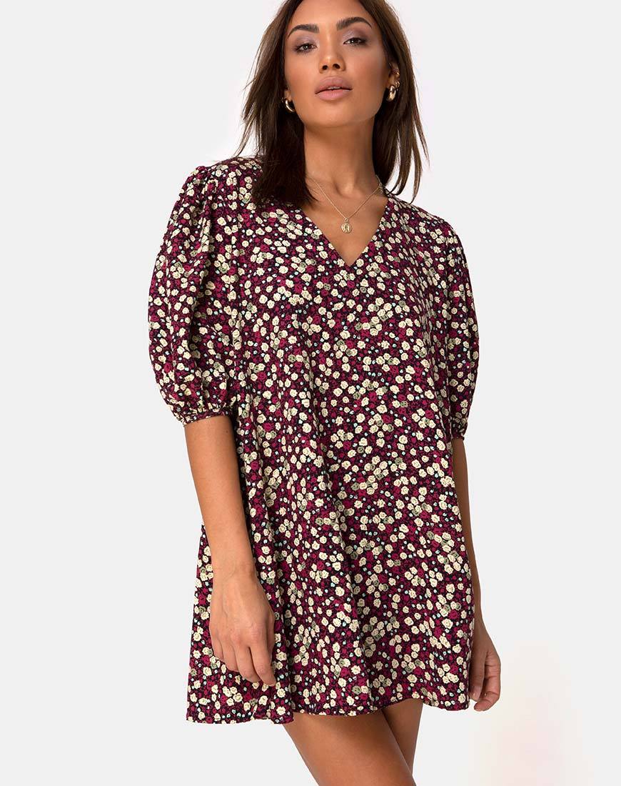 Image of Elna Babydoll Dress in Floral Field Plum