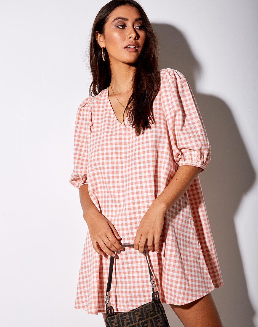 Image of Elna Babydoll Dress in Pink Check