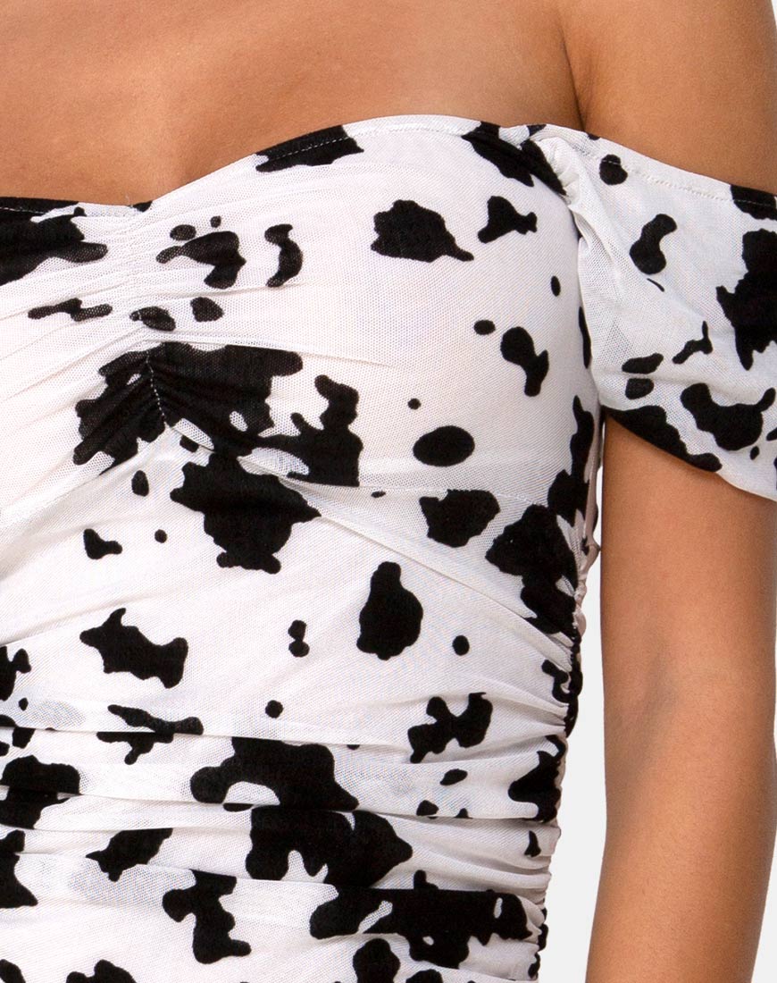 Image of Ennete Off The Shoulder Dress in Flock Dalmatian Black and White