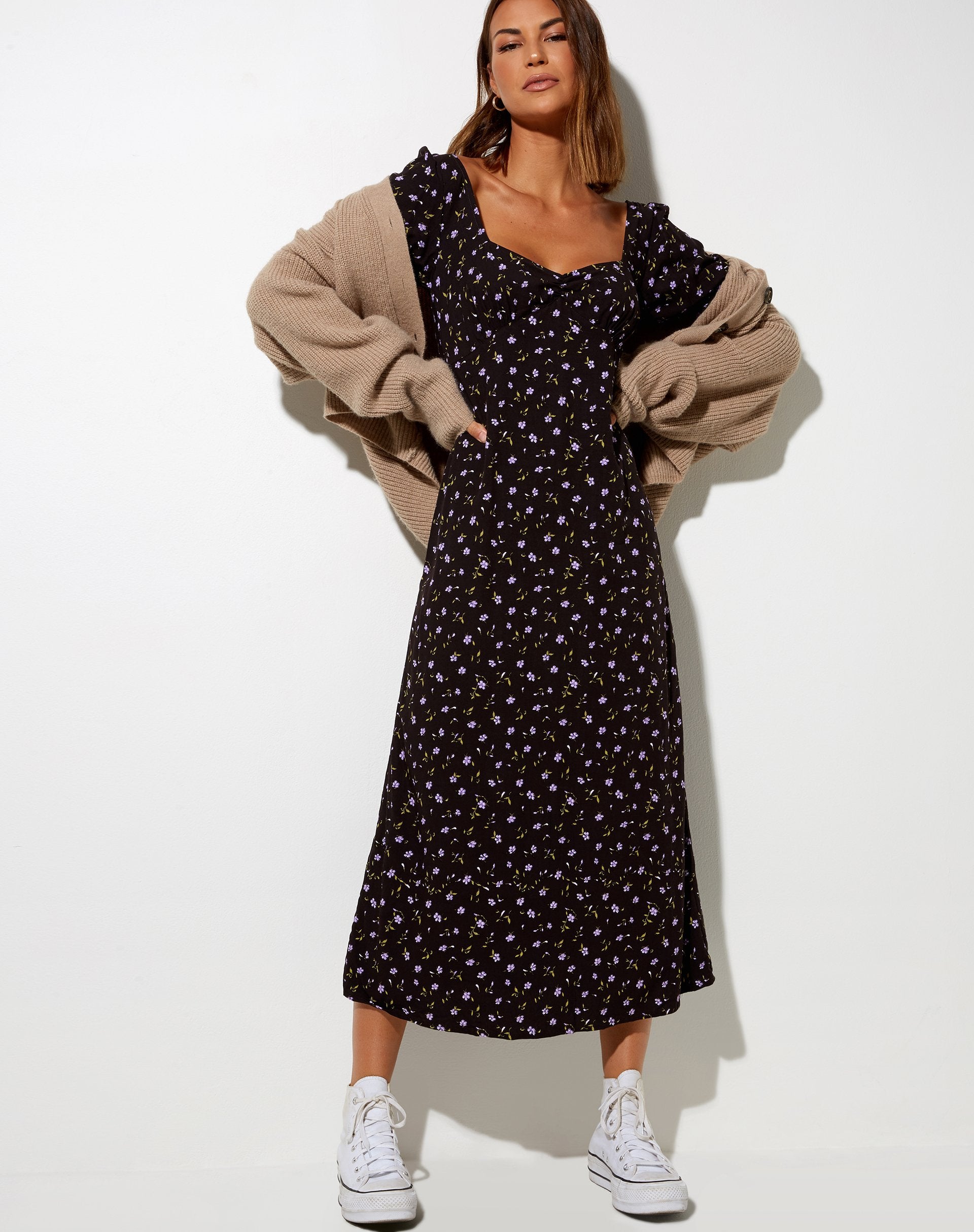Image of Fernanda Midi Dress in Pretty Petal Coffee and Purple