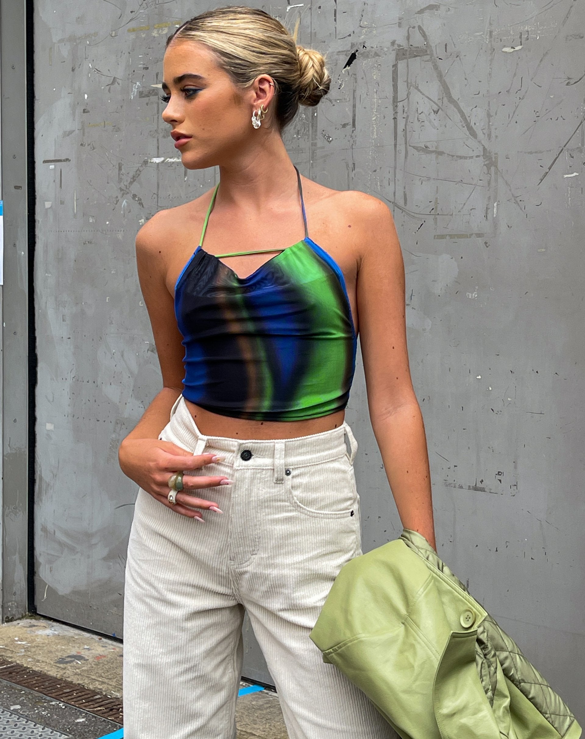 Image of MOTEL X OLIVIA NEILL Salet Crop Top in Solarized Green and Blue