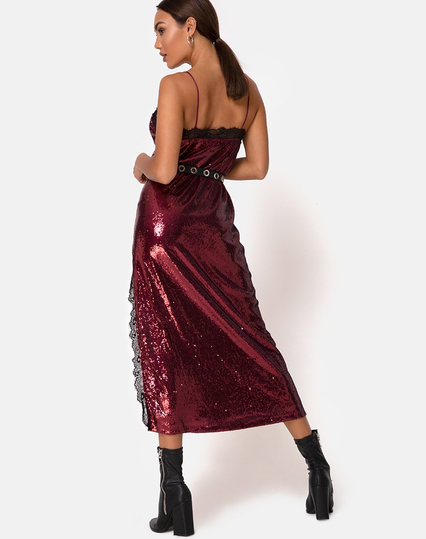 Image of Fitilia Dress in Burgundy Mini Sequin with Black Lace