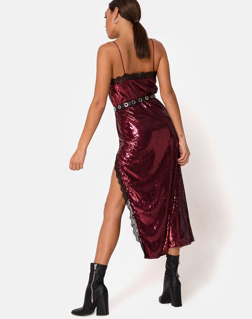 Fitilia Dress in Burgundy Mini Sequin with Black Lace