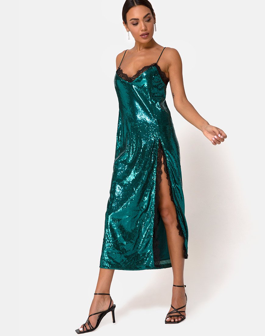 Fitilia Dress in Teal Mini Sequin with Black Lace