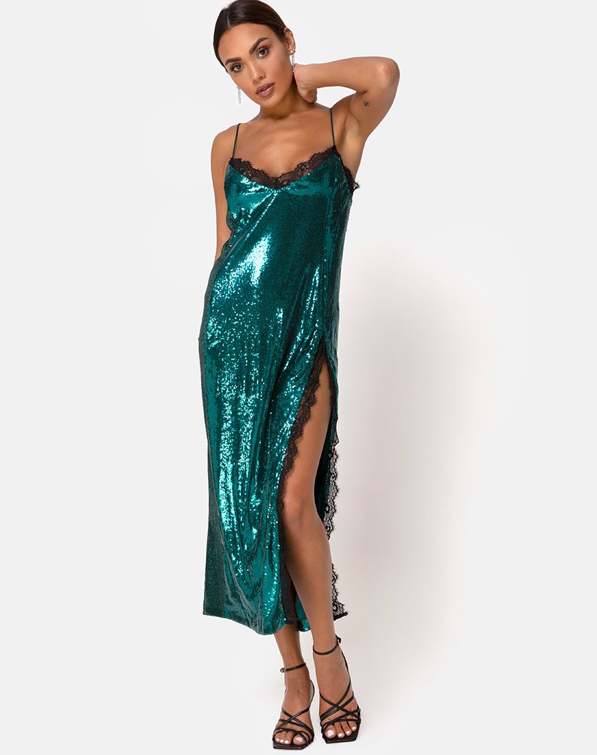 Image of Fitilia Dress in Teal Mini Sequin with Black Lace