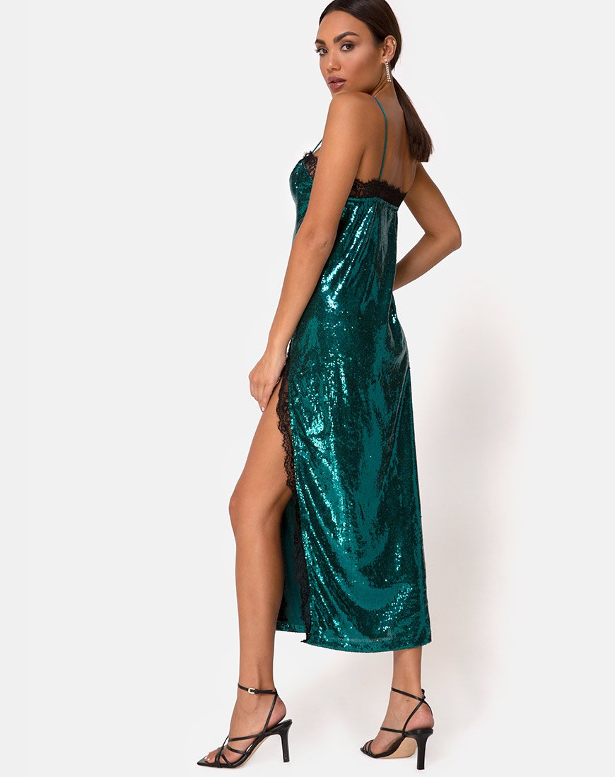Fitilia Dress in Teal Mini Sequin with Black Lace