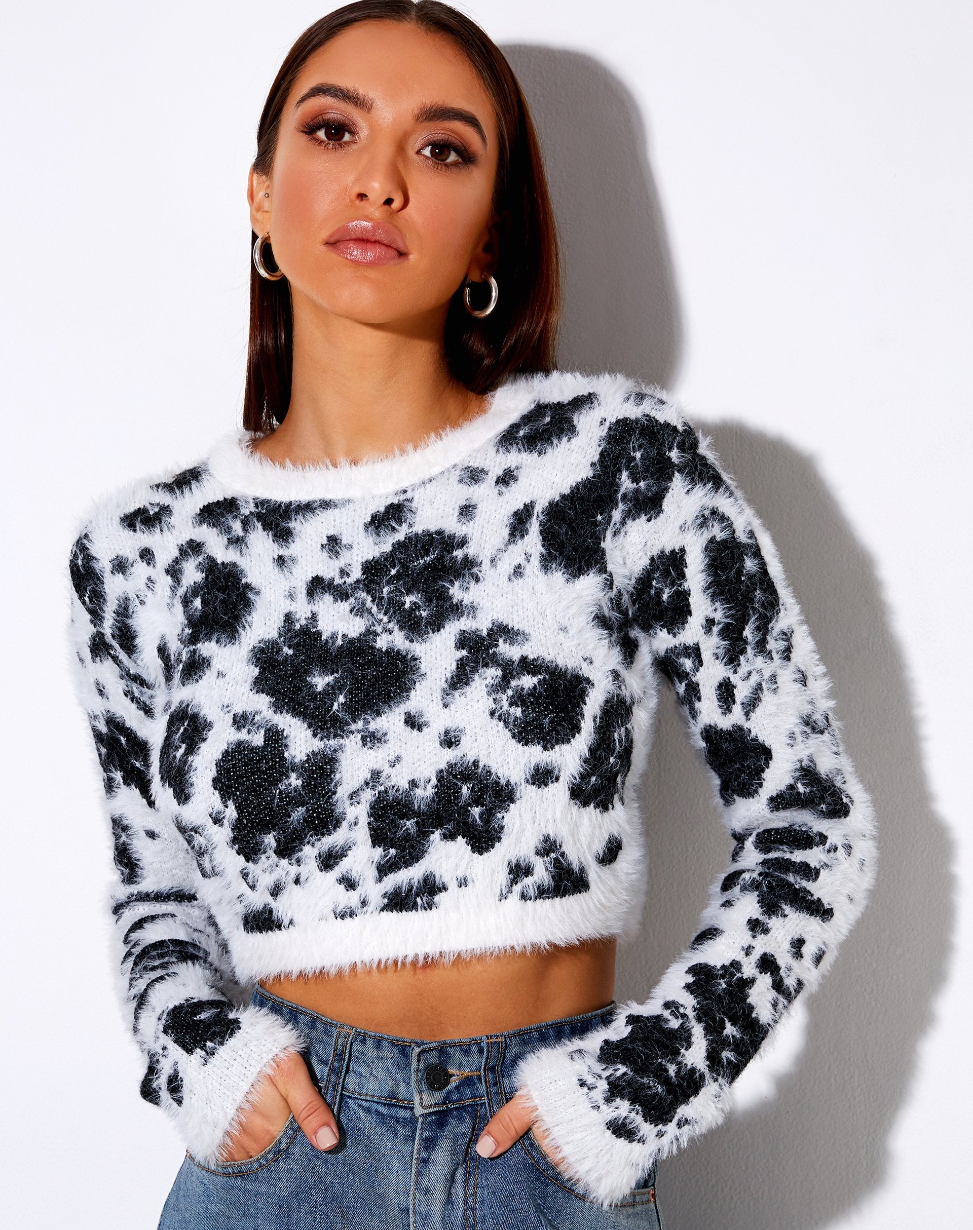 Image of Gail Jumper in Fluffy Knit Cow Hide Black and White
