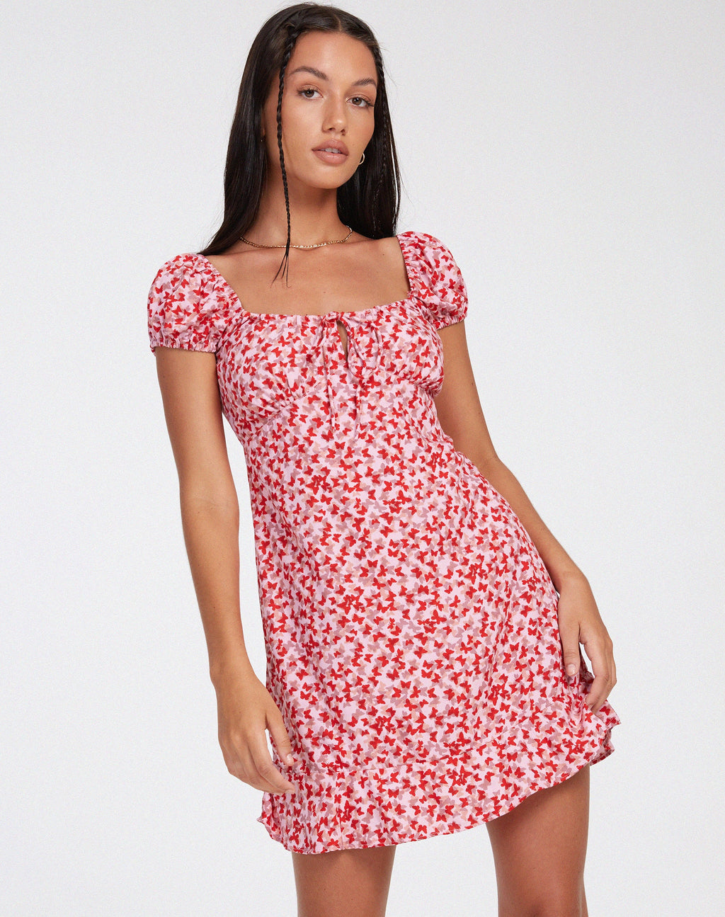 Galaca Mini Dress in Ditsy Butterfly Peach and Red