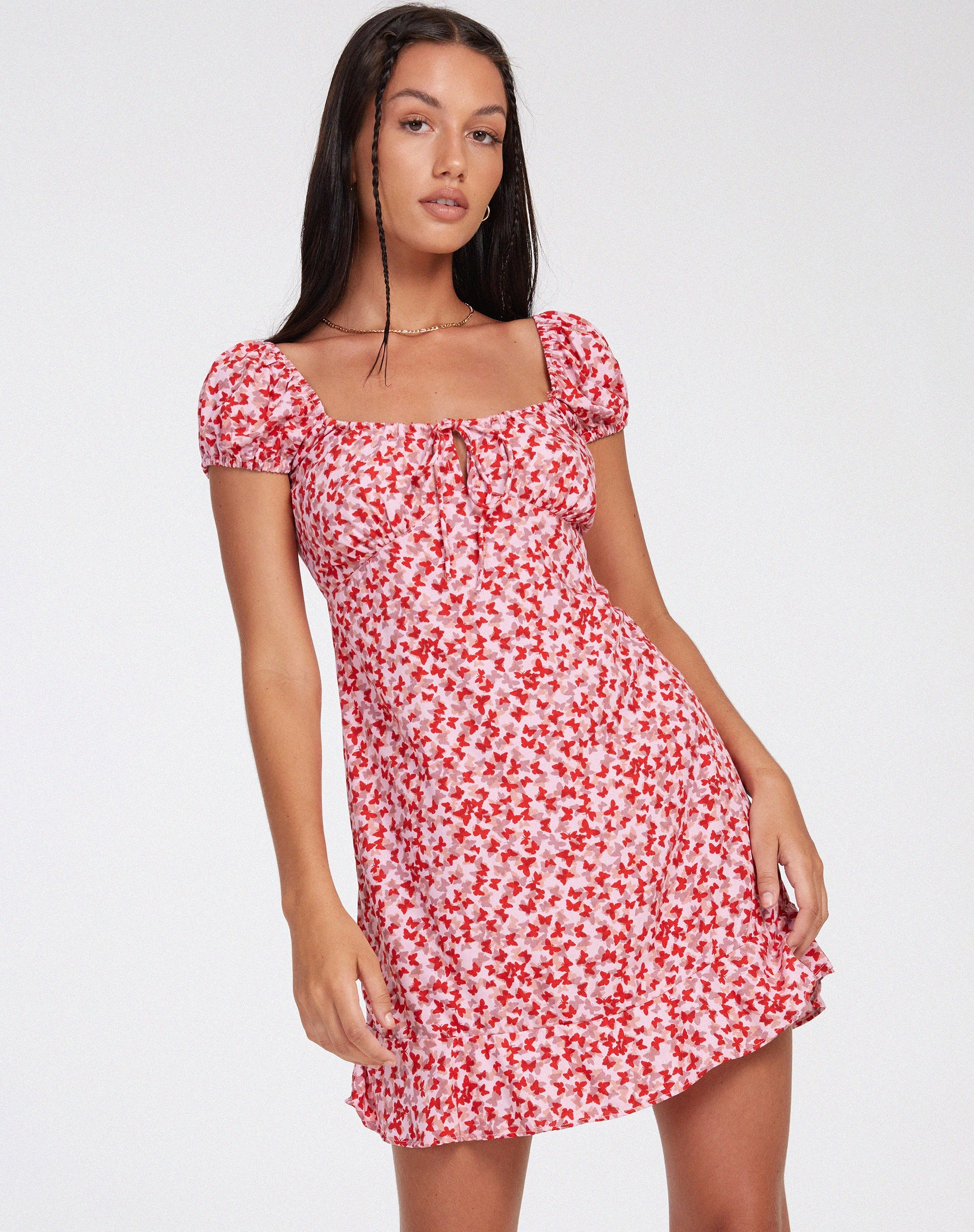 image of Galaca Mini Dress in Ditsy Butterfly Peach and Red