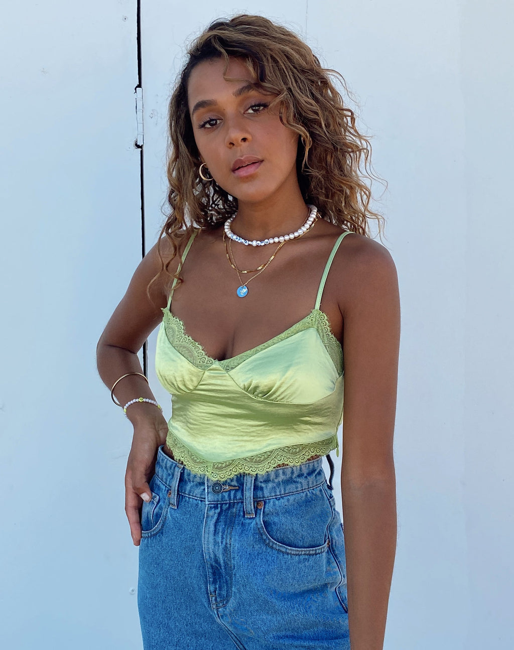 Gemlou Cami Top in Satin Lime Green