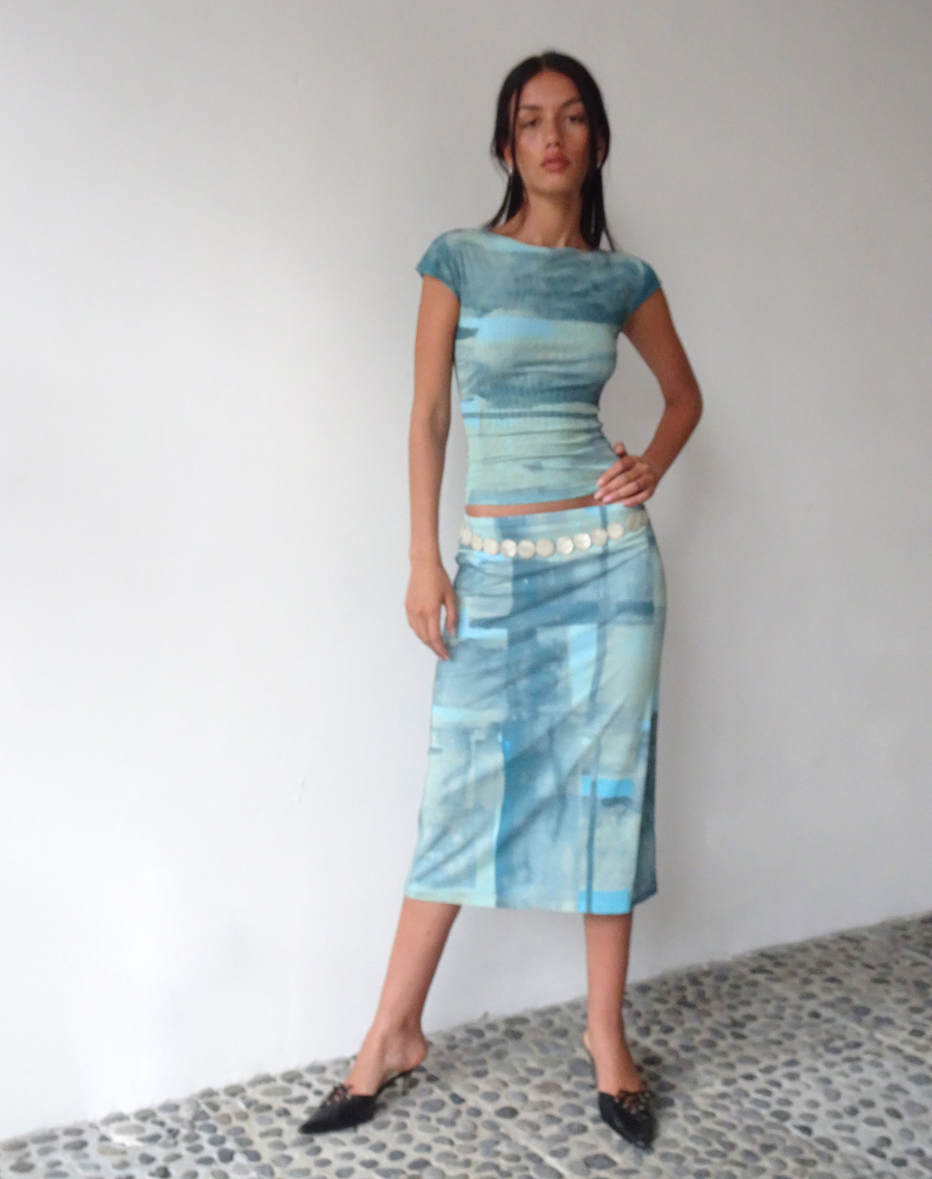 Image of MOTEL X JACQUIE Gia Midi Skirt in Mesh Abstract Paint Brush Green