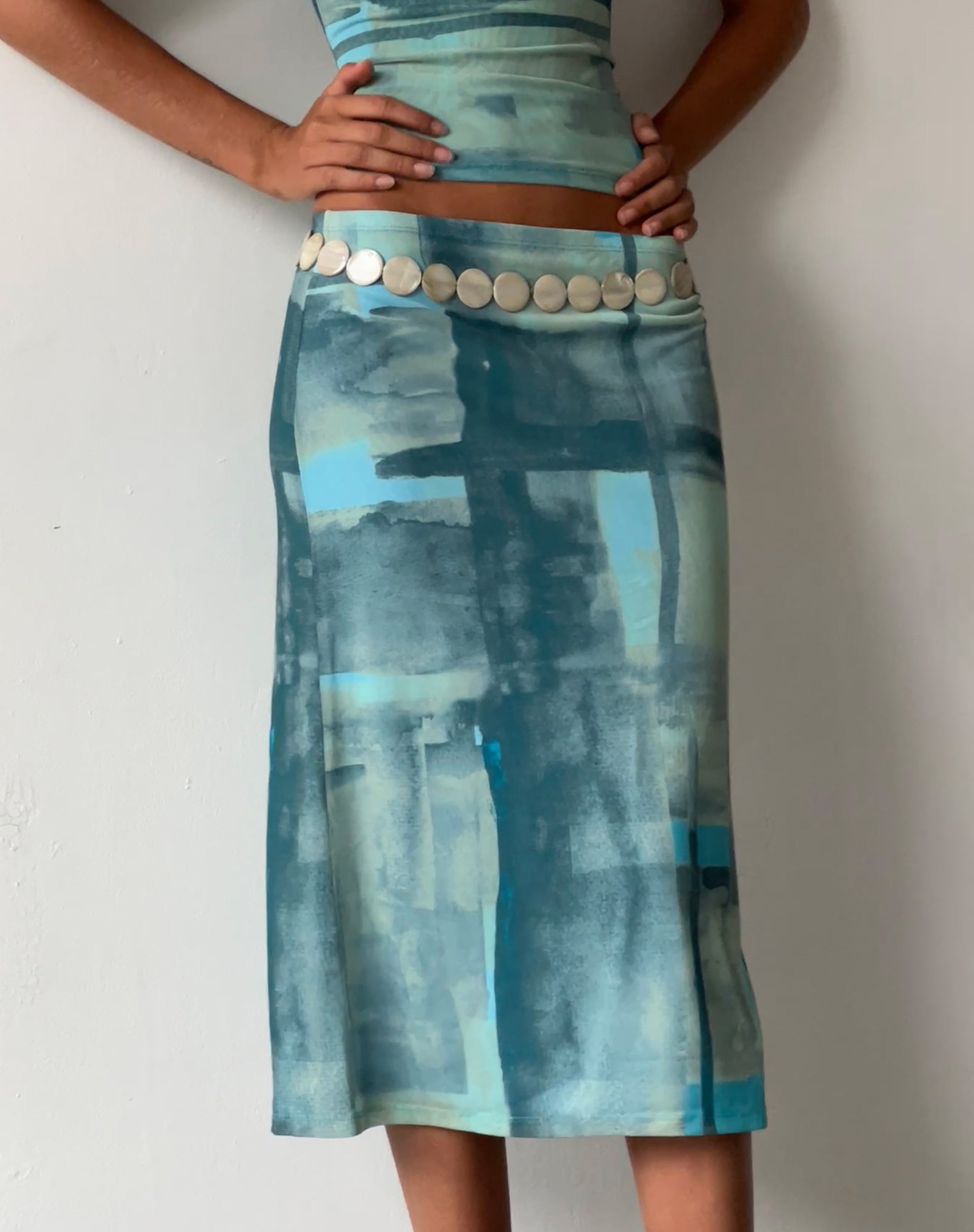 Image of MOTEL X JACQUIE Gia Midi Skirt in Mesh Abstract Paint Brush Green