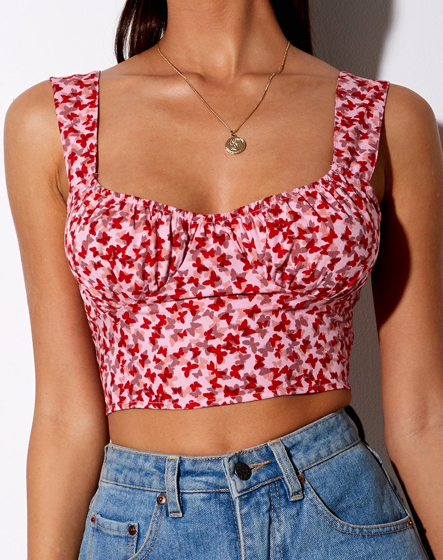 Image of Gladis Vest Crop Top in Ditsy Butterfly Peach and Red