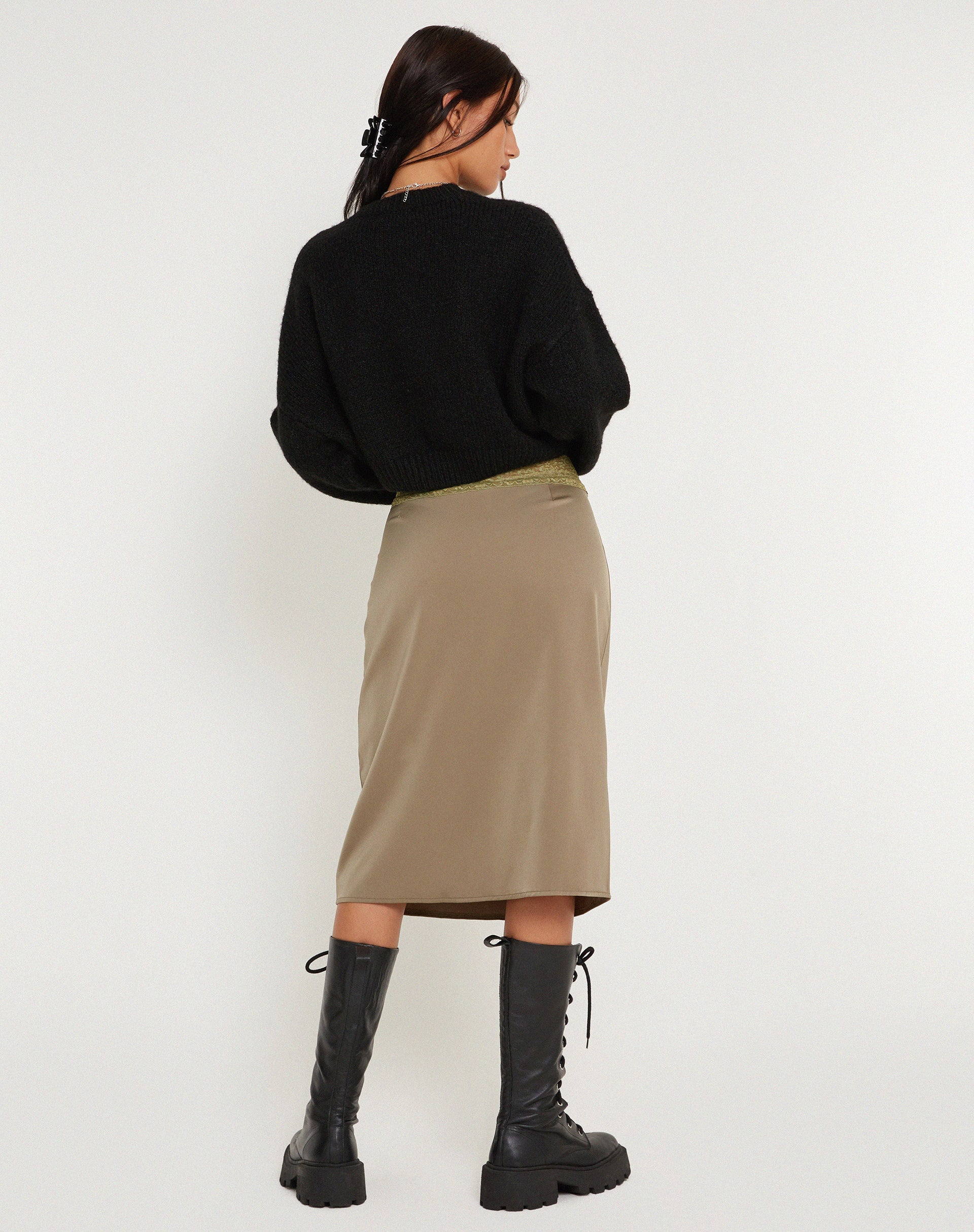 image of Golda Midi Skirt in Satin Avocado