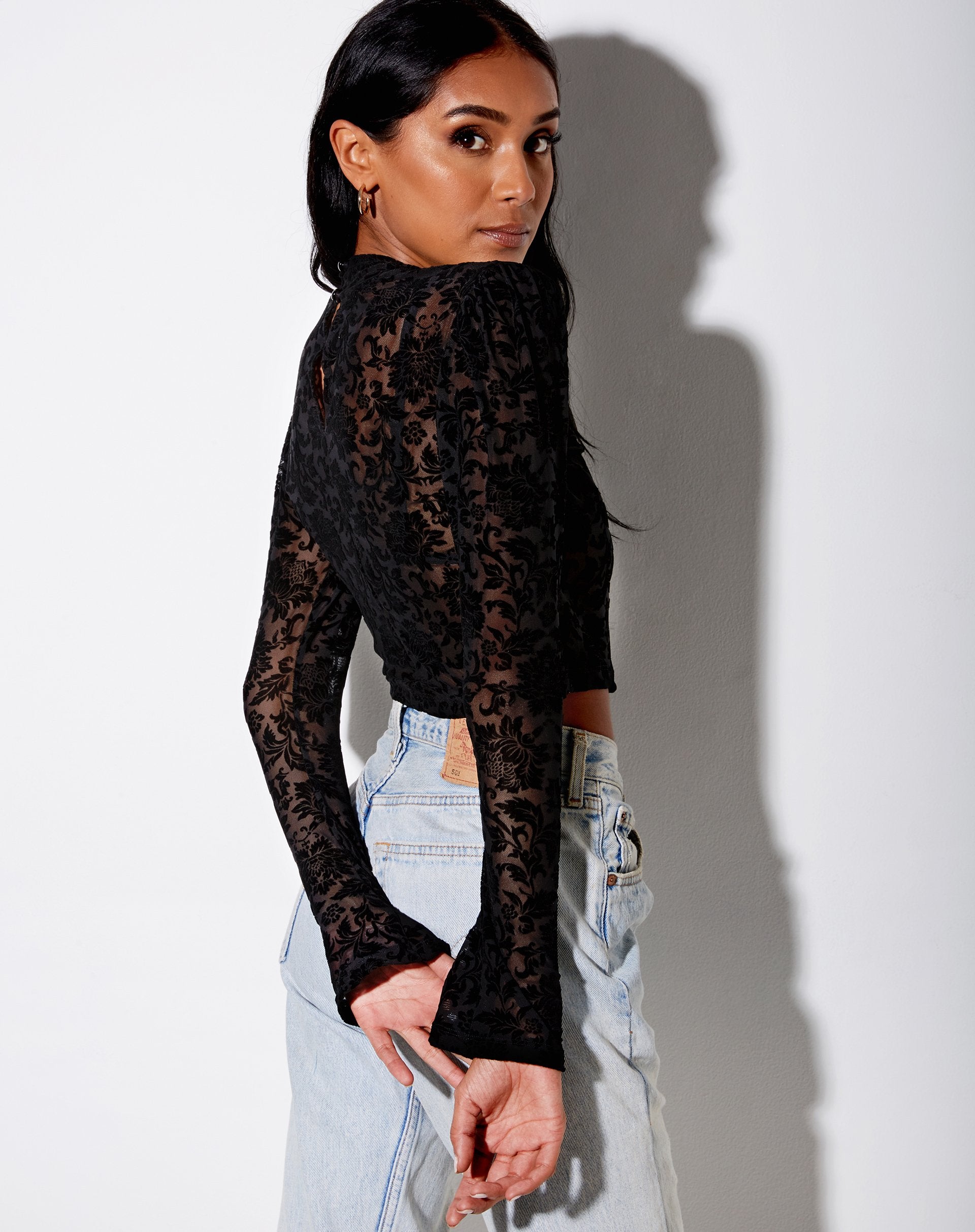 Image of Gracy Crop Top in Brocade Rose Flock Black