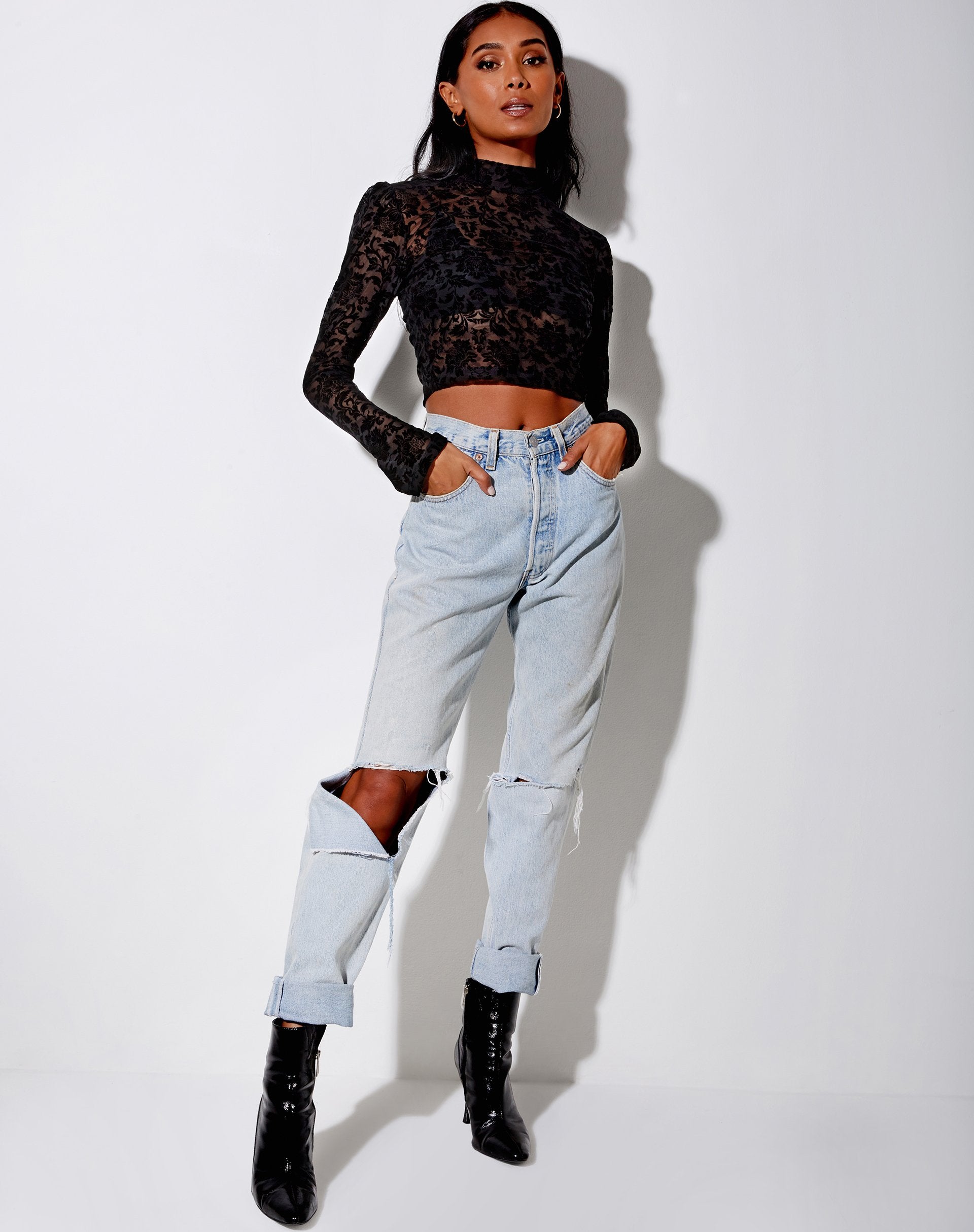 Image of Gracy Crop Top in Brocade Rose Flock Black
