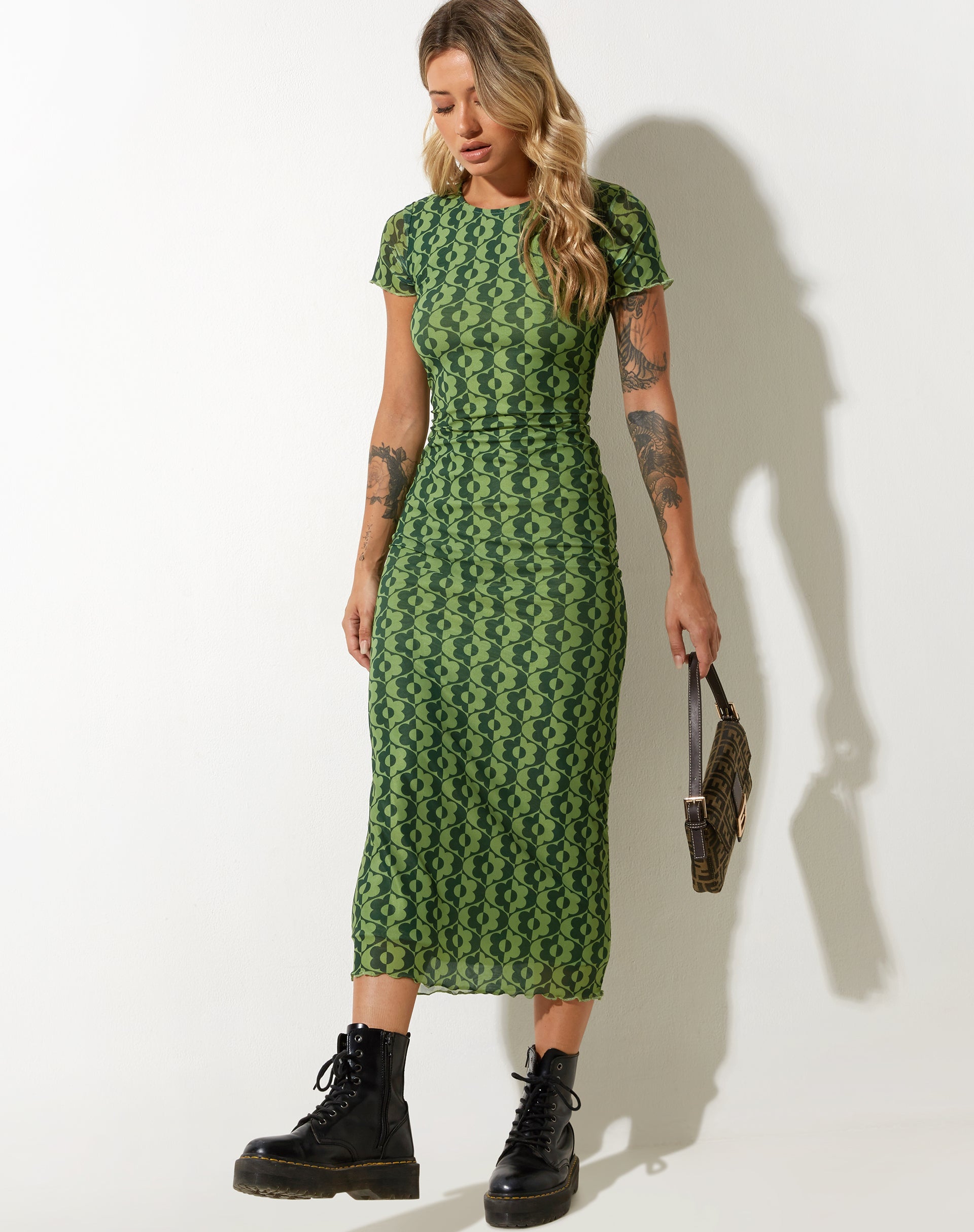 image of Happyella Midi Dress in Wavy Daisy Green