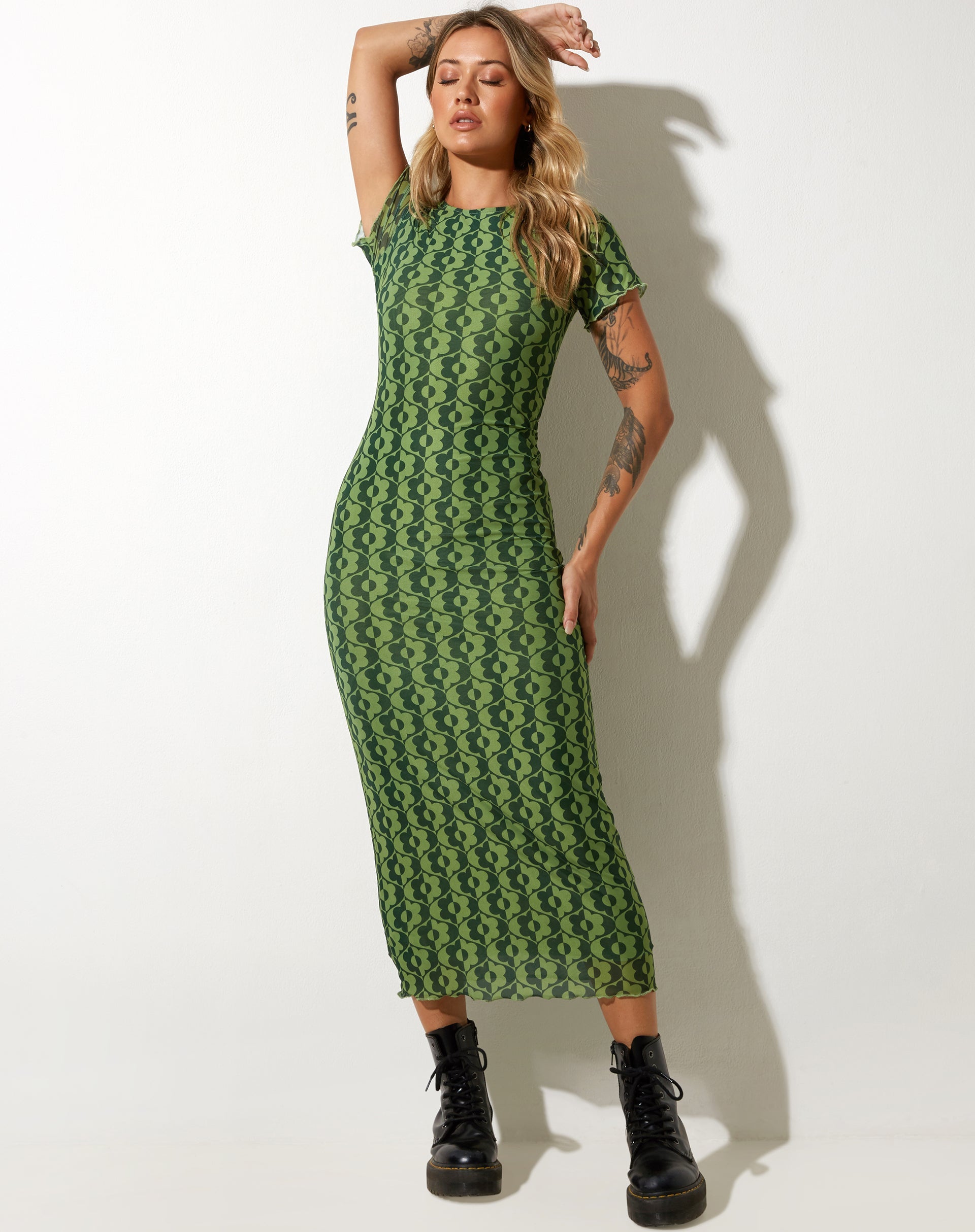 image of Happyella Midi Dress in Wavy Daisy Green