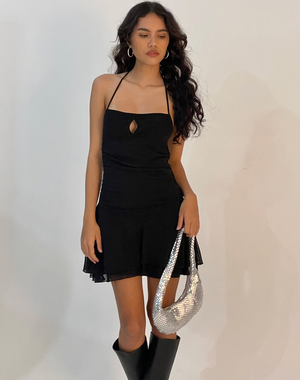 Pixila Halterneck Mini Dress in Black Mesh