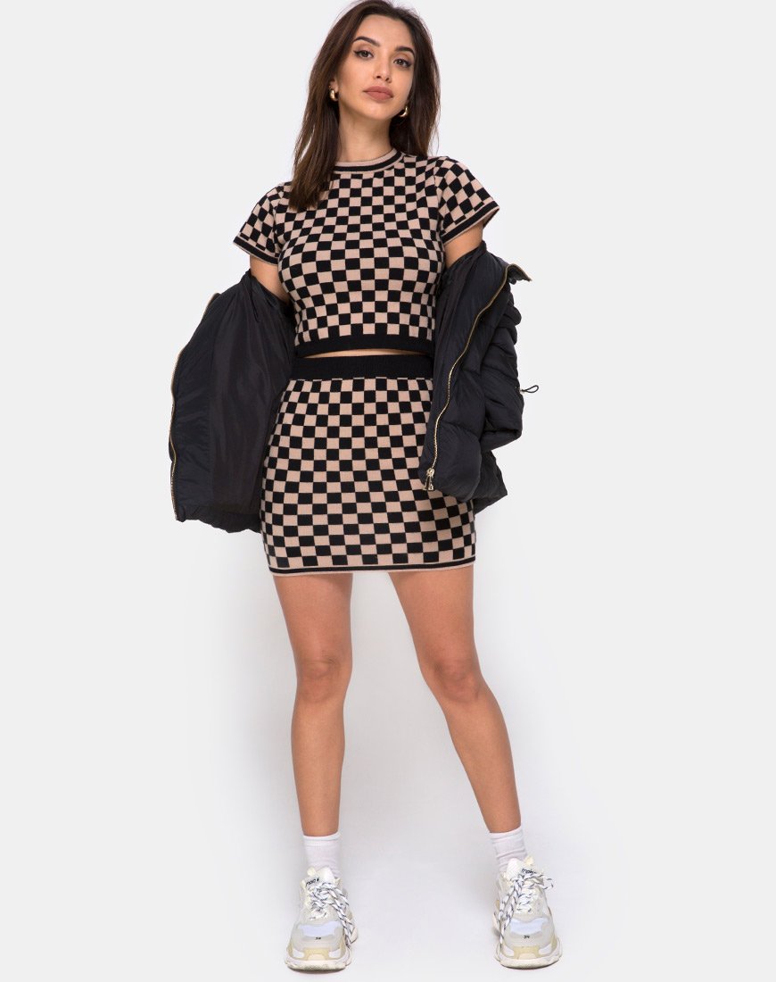 Image of Immie Mini Skirt in Checkerboard Tan