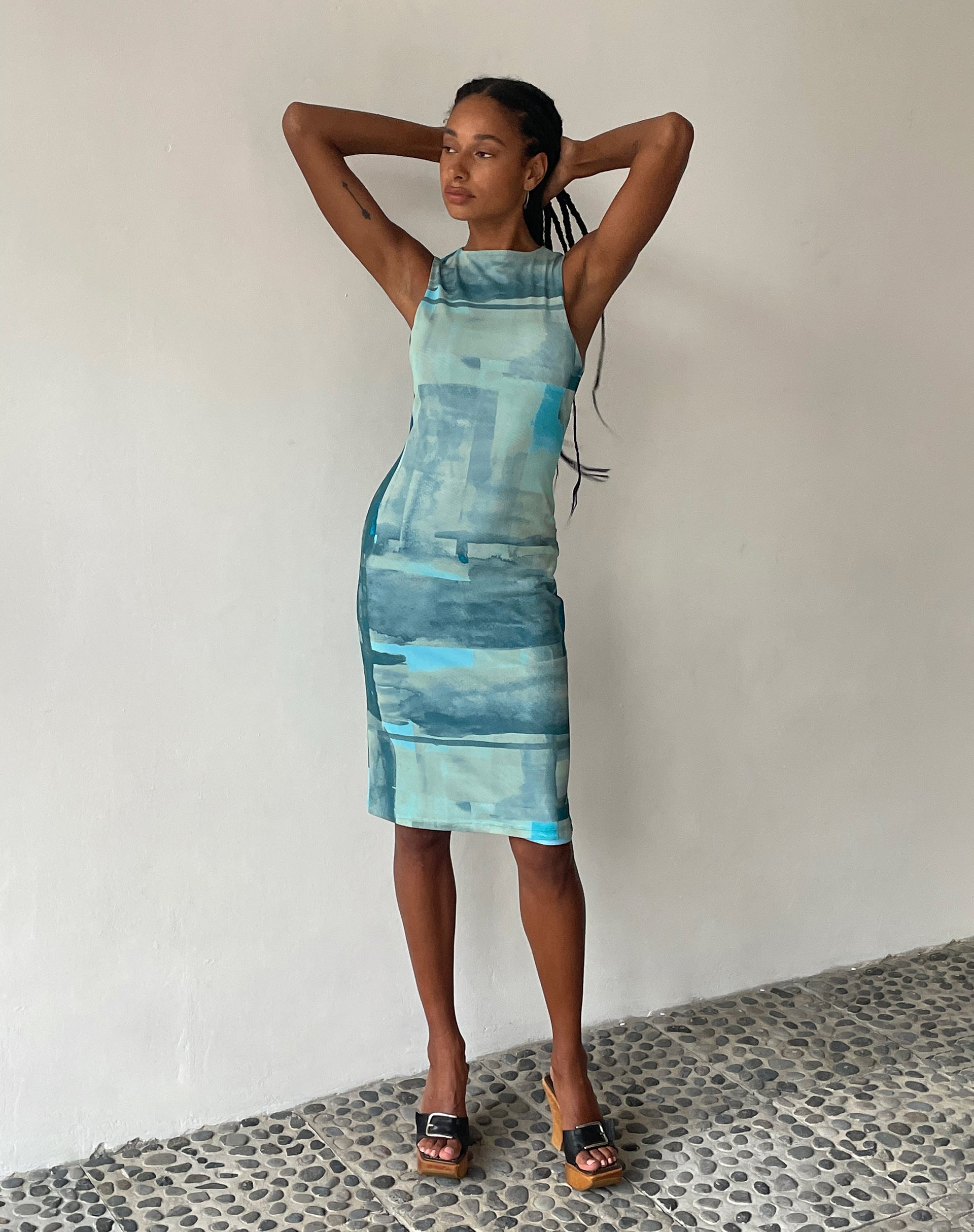 Image of MOTEL X JACQUIE Indie Midi Dress in Mesh Green and Blue Abstract Paint Brush