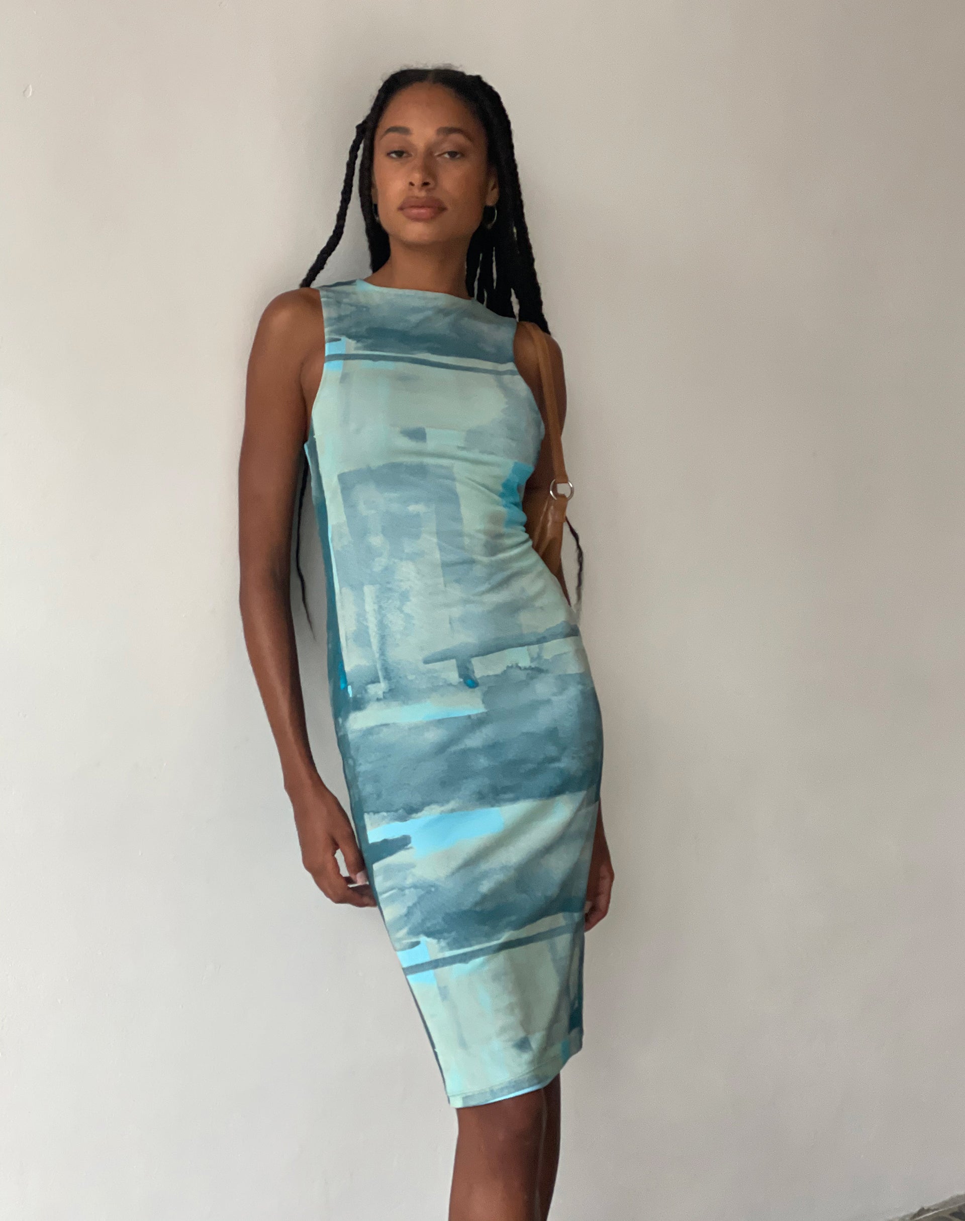 Image of MOTEL X JACQUIE Indie Midi Dress in Mesh Green and Blue Abstract Paint Brush
