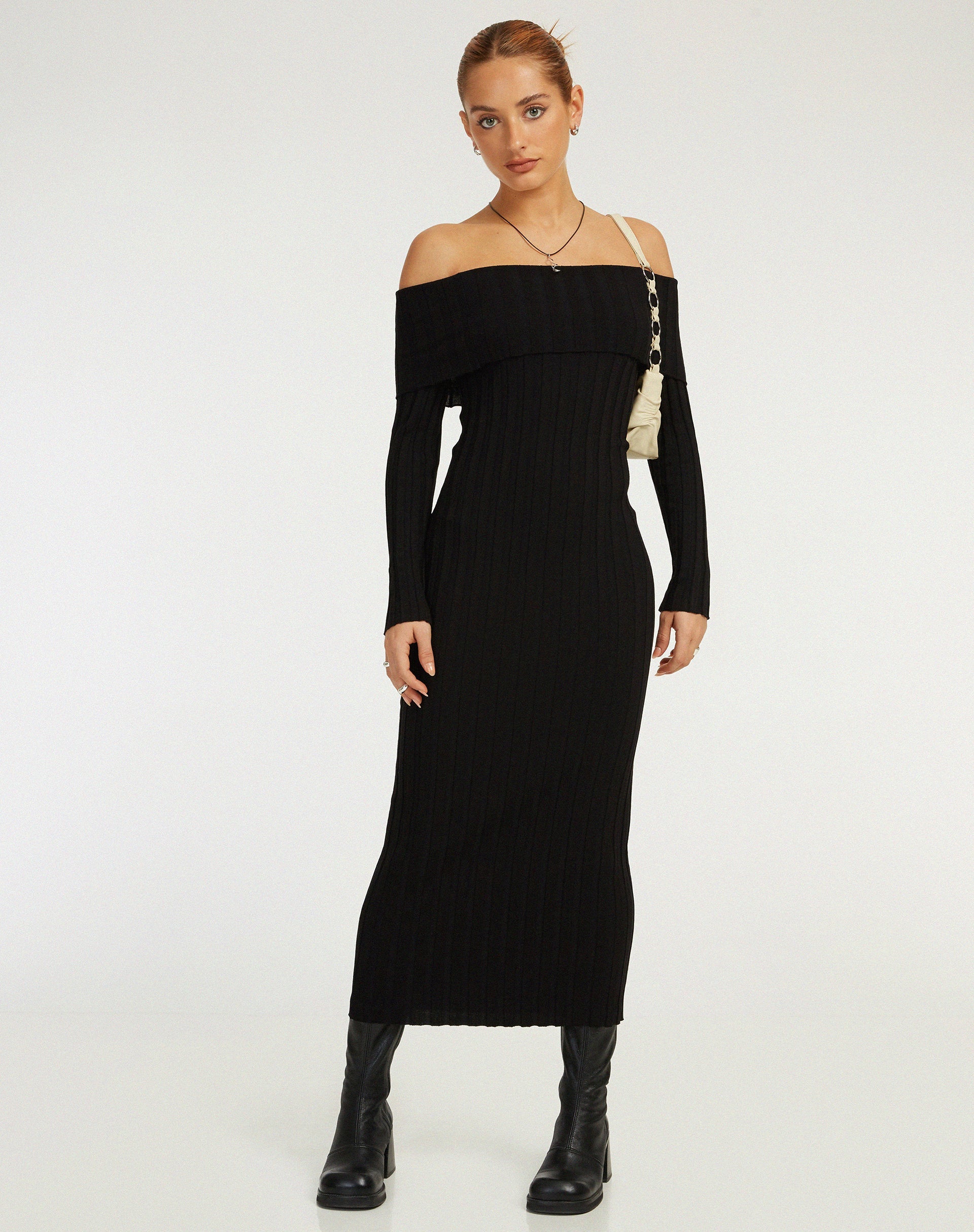 image of Jesuita Bardot Knitted Midi Dress in Black