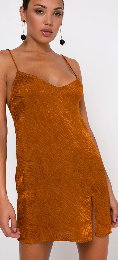 Image of Katya Mini Dress in Satin Zebra Golden Coral