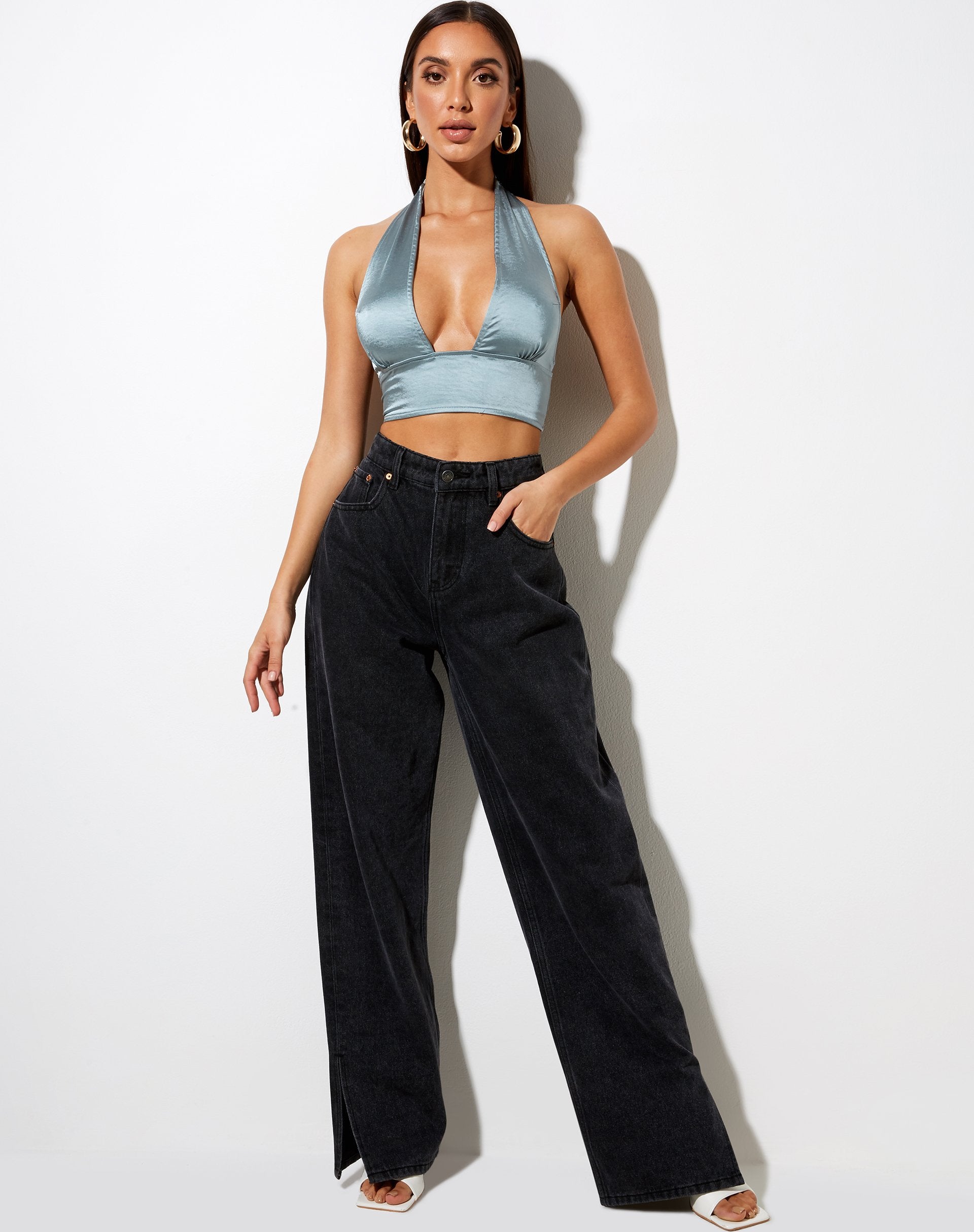 Image of Keiza Crop Top in Satin Silver Blue