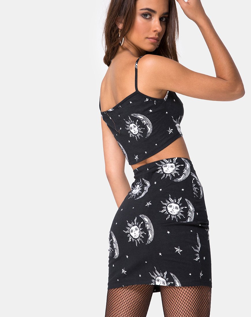 Image of Kimmy Bodycon Skirt in Sun Moon Stars BW