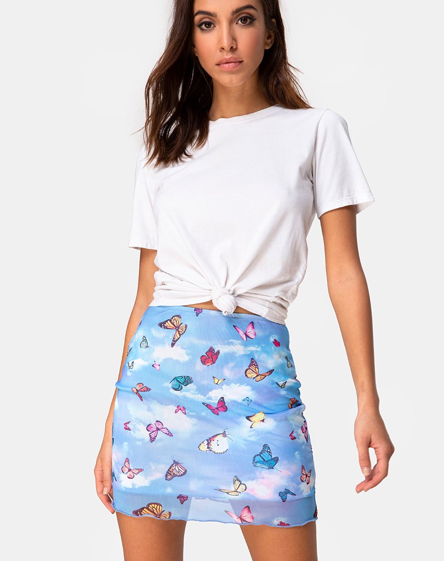 Image of Kinnie Mini Skirt in Mesh Blue Butterfly