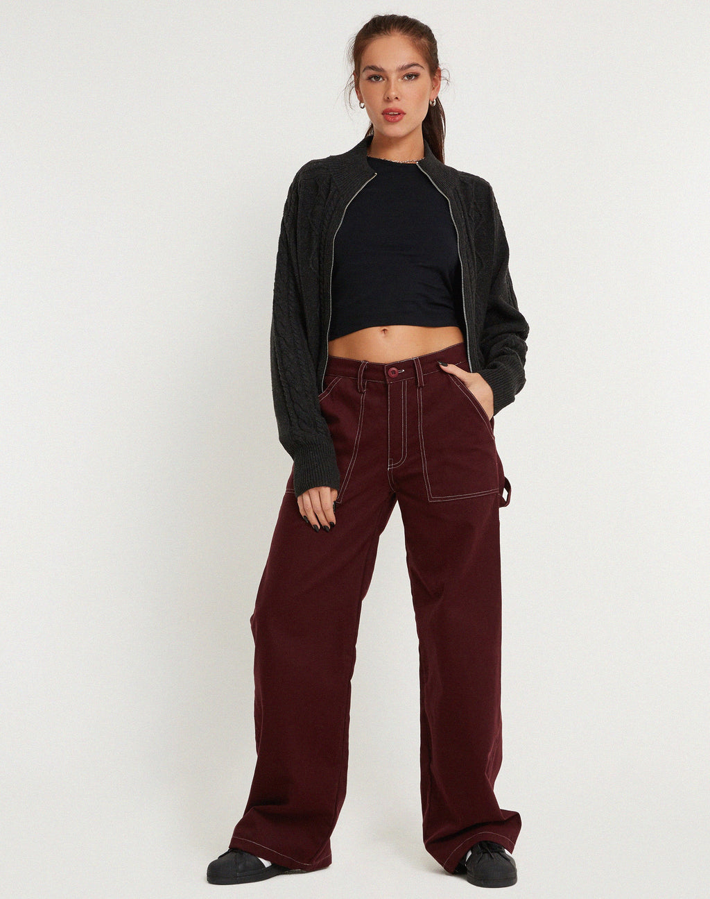 Kusnaedi Wide Leg Trouser in Redwood and White Top Stitch