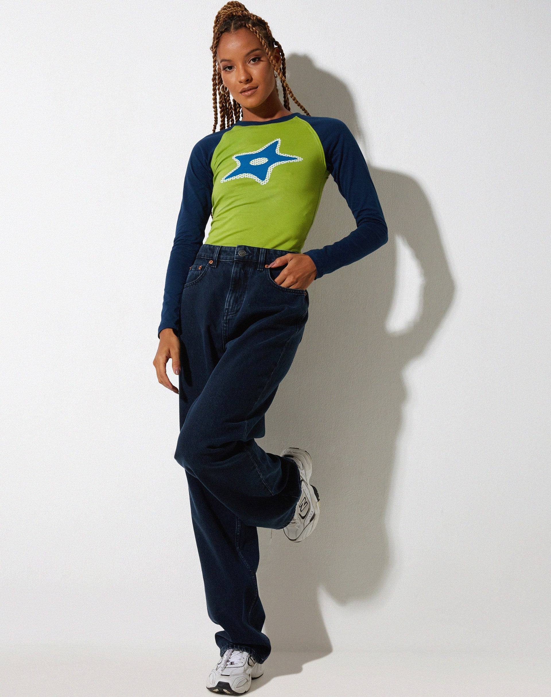 Image of Kyati Long Sleeve Crop Top in Wasabi Navy and Green