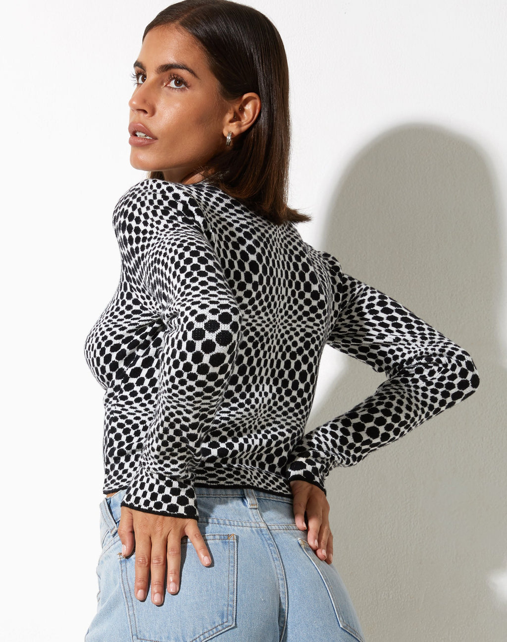 Laria Long Sleeve Top in Optic Monochrome Square Black and White