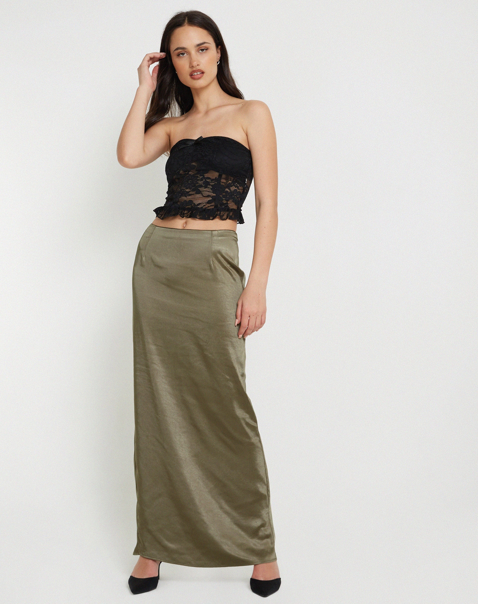 image of Layla Maxi Skirt in Satin Dark Olive