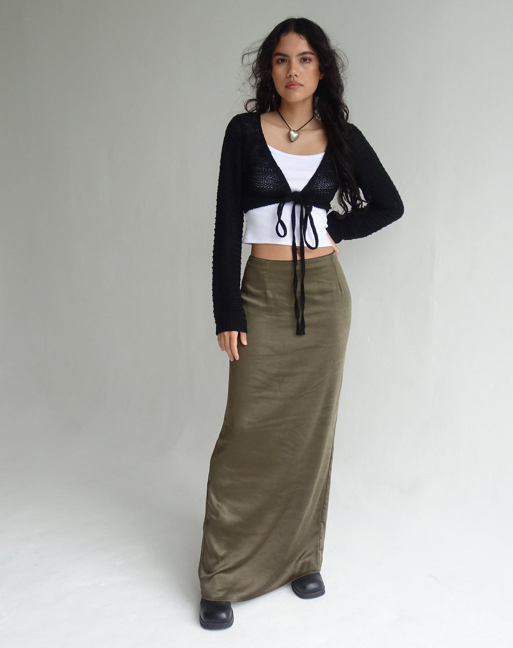 Layla Maxi Skirt in Satin Dark Olive
