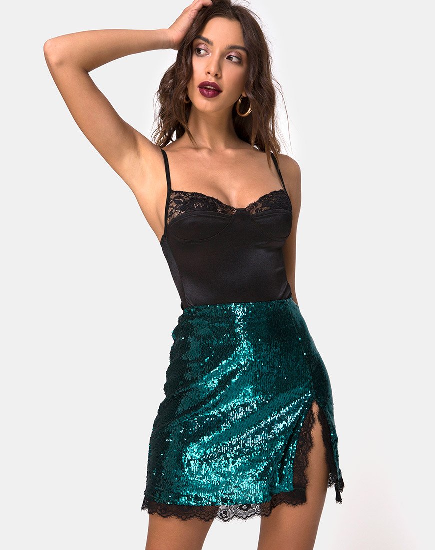 Lena Skirt in Mini Sequin Teal with Black Lace
