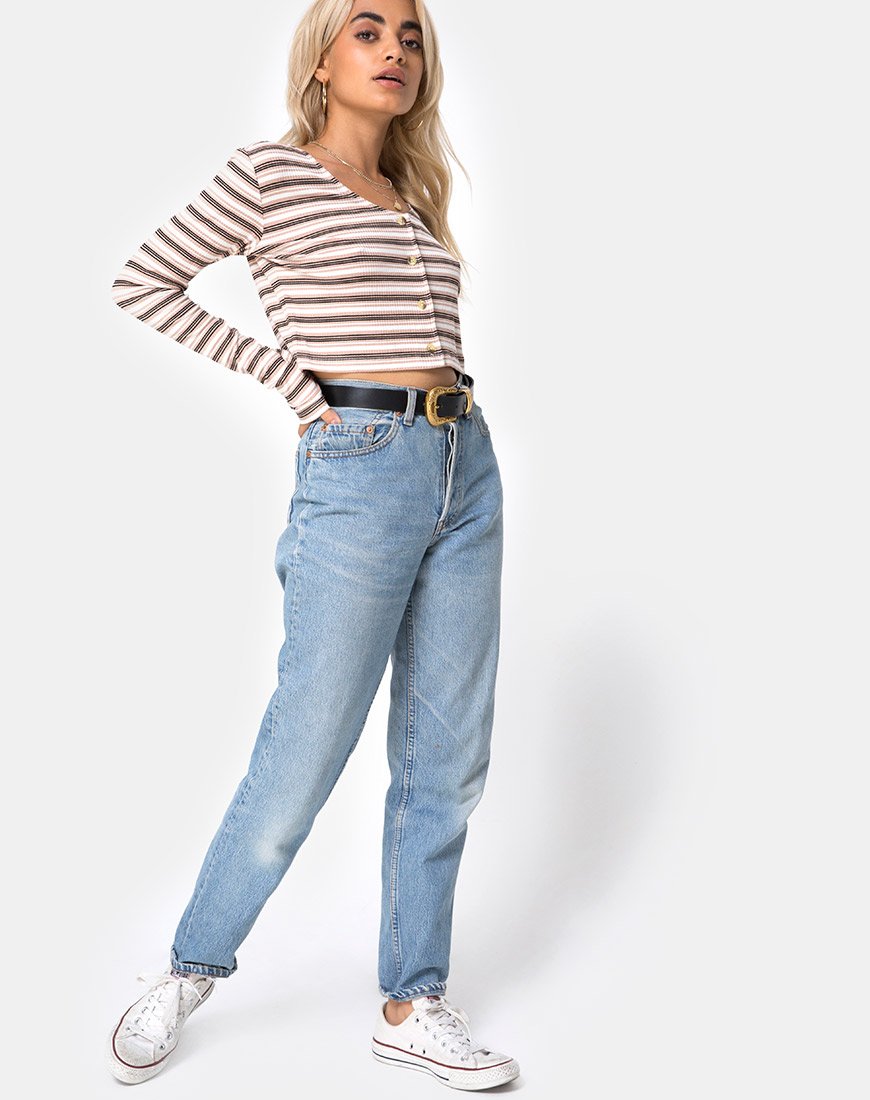 Image of Lesea Crop Top in Rib Stripe Cream Black and Tan