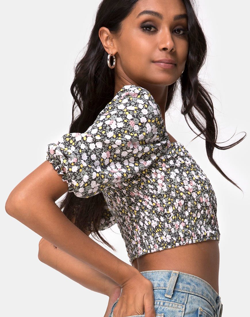 Image of Lilian Crop Top in Floral Field Olive