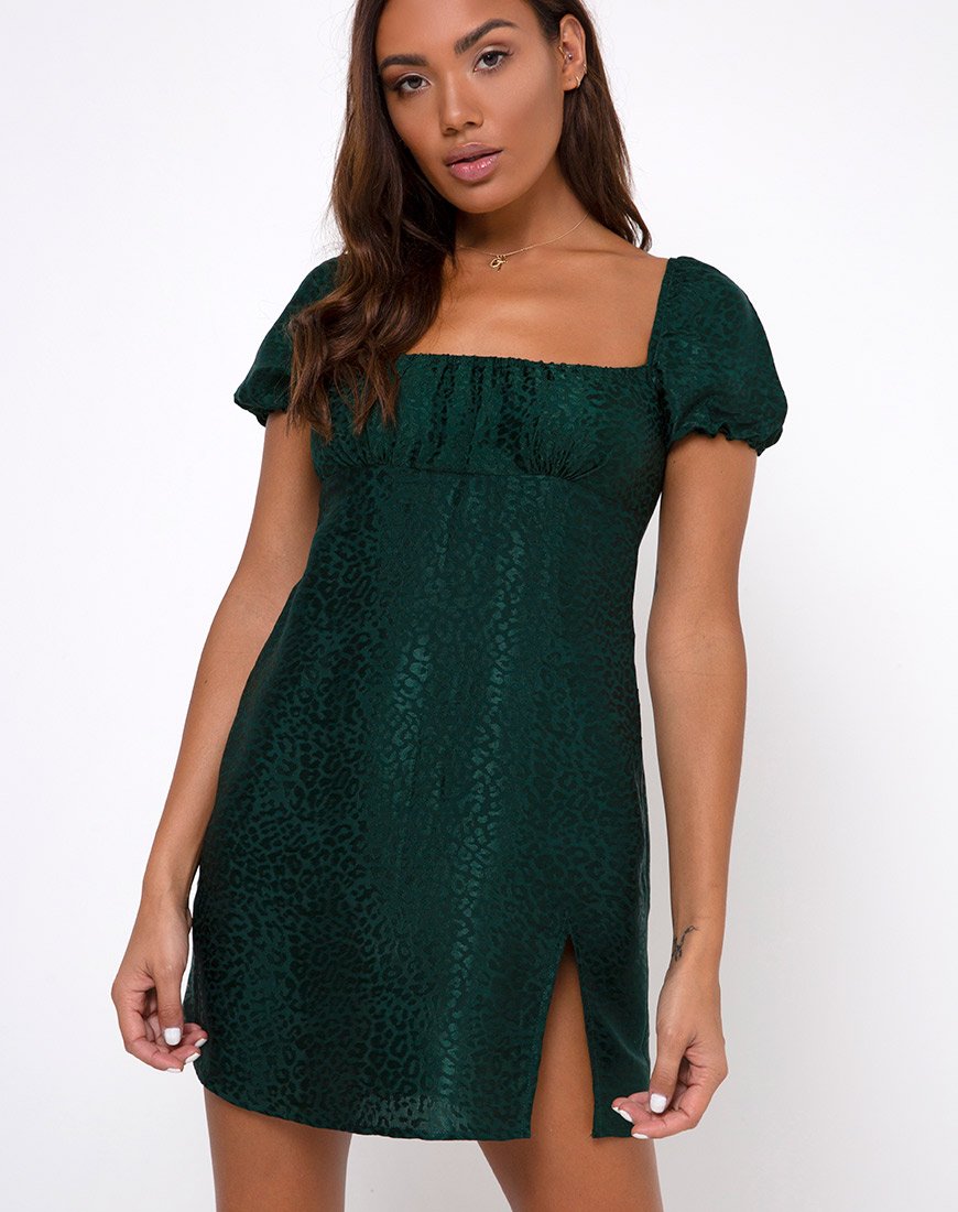 Image of Lonma Mini Dress in Satin Cheetah Forest Green