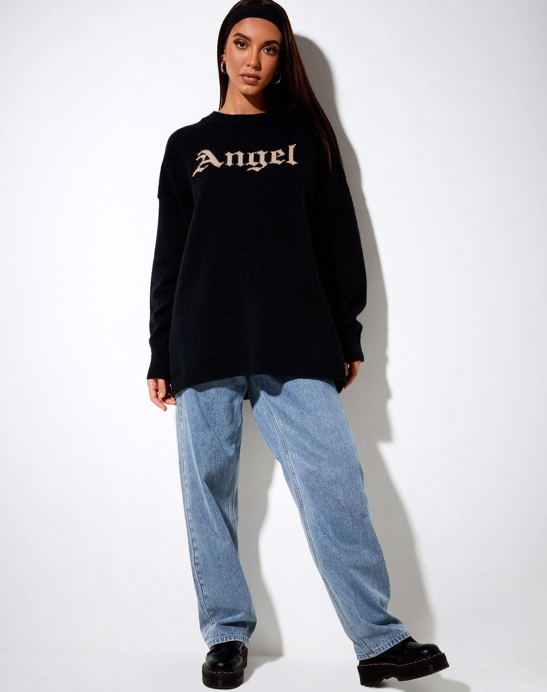 Image of Lulees Jumper in Knit Black with Angel in Cream