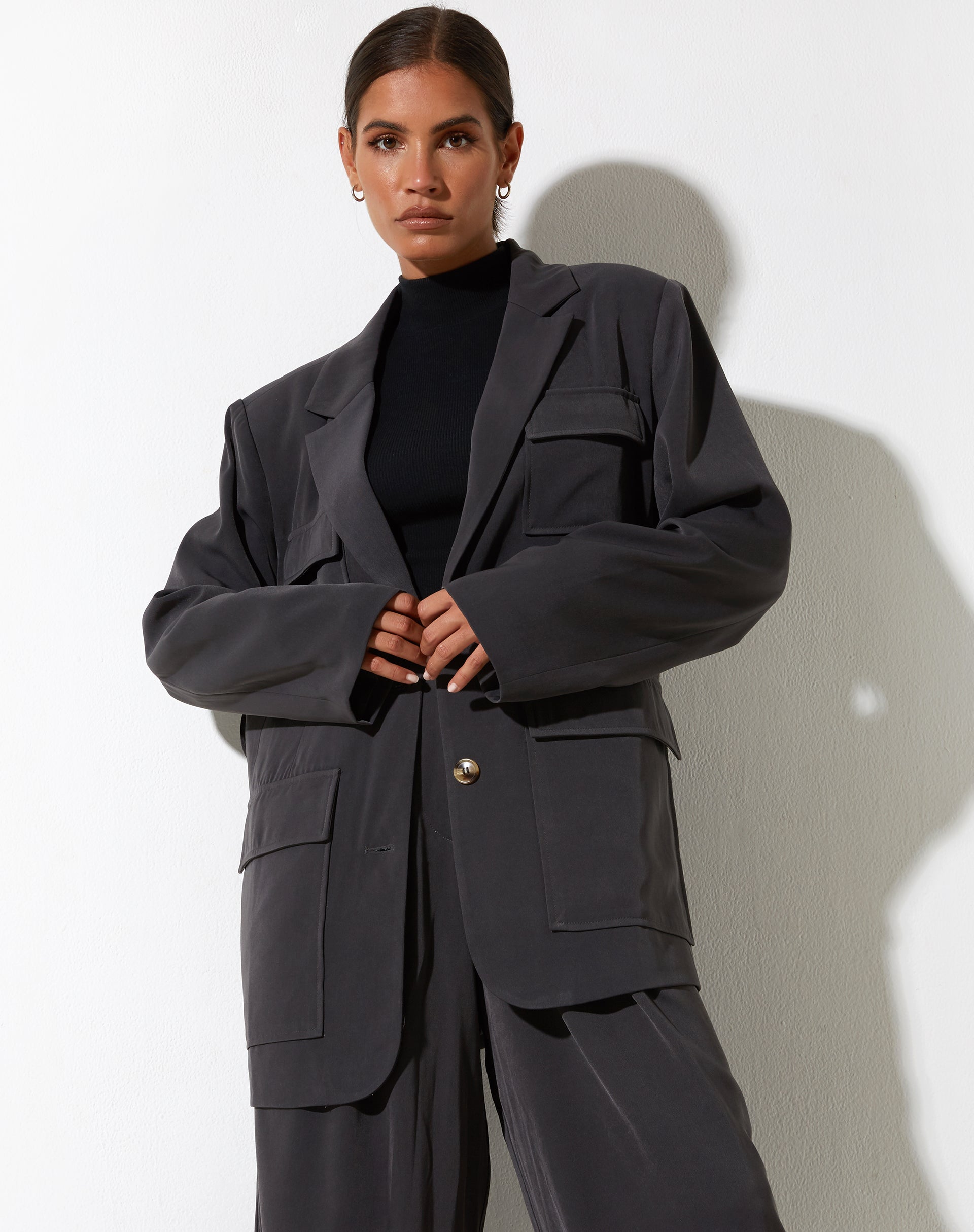 Charcoal Grey Oversized Belted Blazer | Magawa – motelrocks-com-aus