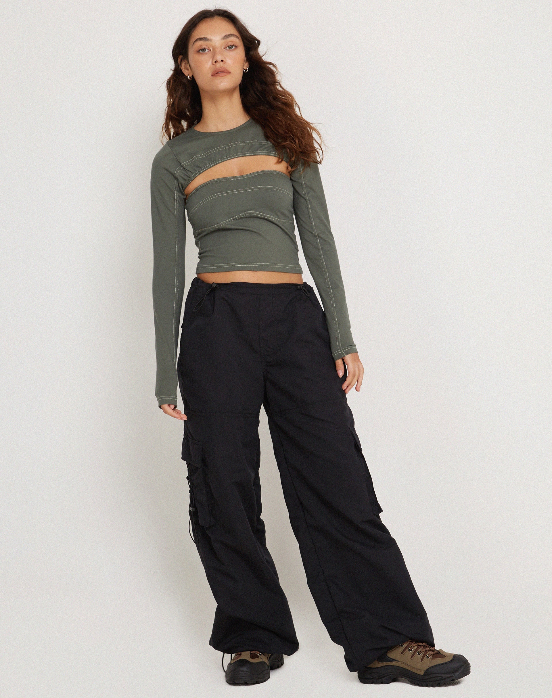 Image of Matea Long Sleeve Crop Top in Duck Green with Yellow Top Stitch