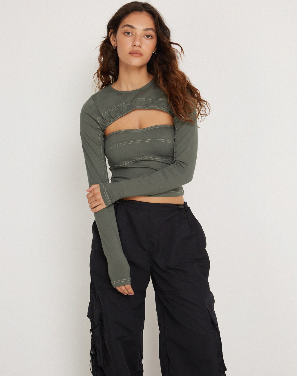 Matea Long Sleeve Top in Duck Green with Yellow Top Stitch