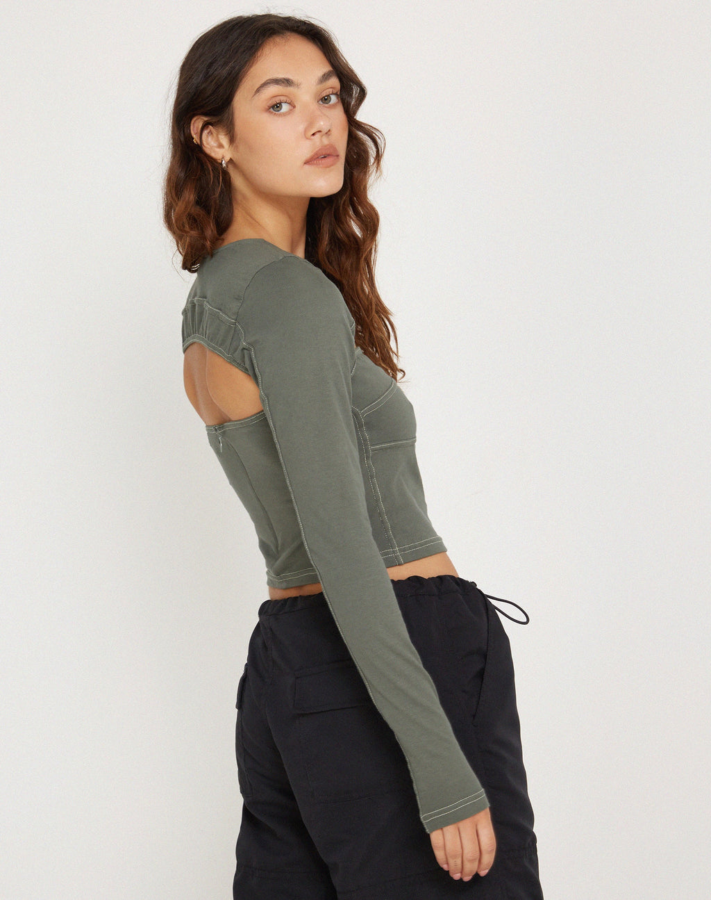 Matea Long Sleeve Top in Duck Green with Yellow Top Stitch