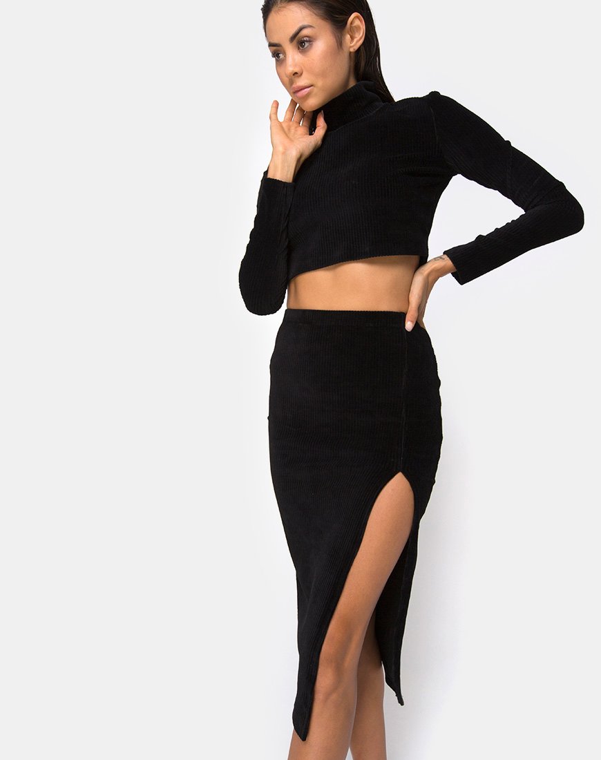 Cheri Midi Skirt in Rib Black